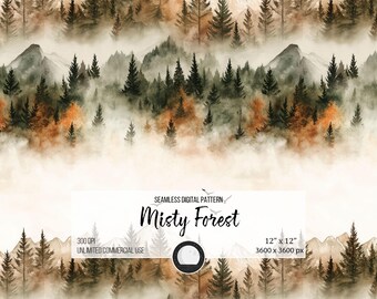 May include: Watercolor seamless digital pattern featuring a misty forest scene. The design includes evergreen trees, mountains, and fog in shades of brown, green, and orange. The text "Misty Forest" is displayed on the image. The pattern is 12" x 12".