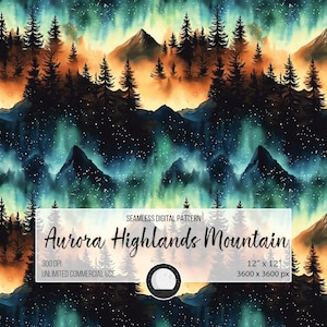 May include: A seamless digital pattern featuring a watercolour illustration of a mountain range with a vibrant aurora borealis in the sky. The mountains are silhouetted against a backdrop of orange and blue hues, with a scattering of stars. The pattern is titled "Aurora Highlands Mountain" and is 12 inches by 12 inches.