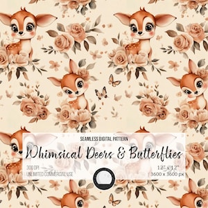 Adorable Deer & Butterfly Seamless Pattern | Fancy Floral Love Design for Sublimation, Nursery Decor, Scrapbook Paper and Fabric Printing