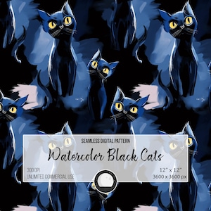 Watercolor Black Cats Seamless Pattern: Halloween Witchy Clipart (12x12 PNG Digital Download)