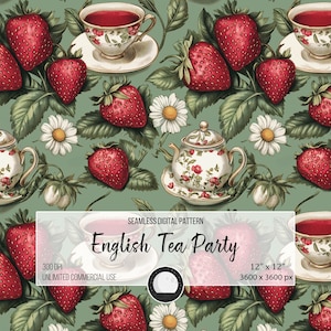 May include: A seamless digital pattern featuring a green background with red strawberries, white daisies, and teacups and teapots with floral designs. The text "English Tea Party" is displayed in a banner at the bottom of the image.
