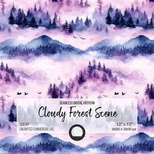 May include: Seamless digital pattern featuring a watercolor illustration of a misty forest scene with purple and blue hues. The pattern is 12 inches by 12 inches and 3600 pixels by 3600 pixels.