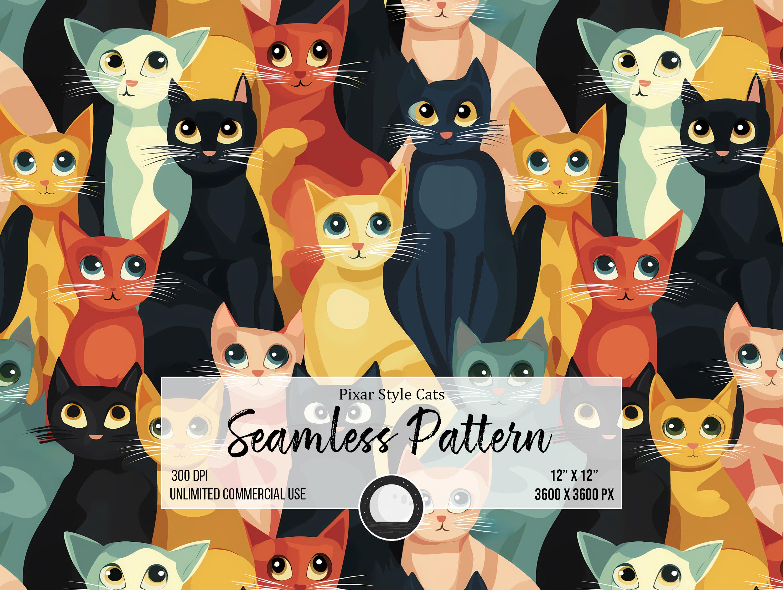 Pixar Style Cats Seamless Pattern: Colorful Animal Clipart (12x12 PNG ...