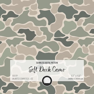 Puede incluir: Un patrón digital sin costuras con un diseño de camuflaje de pato suave. El patrón incluye formas irregulares en tonos de verde, gris y beige. El diseño mide 30,48 cm x 30,48 cm y es apto para uso comercial ilimitado.