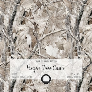 Könnte beinhalten: Nahtloses digitales Muster mit einem Frozen Tree Camo-Design. Das Muster zeigt Äste und Blätter in Weiß-, Grau- und Brauntönen. Das Design ist 30,48 cm x 30,48 cm groß und hat eine Auflösung von 3600 x 3600 px.