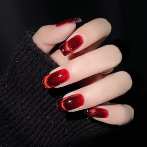 Red Cat Eye French Tips Glittery Nails |Red press on nails |New Year nails | Valentine&#39;s Nails reuse jelly fake nail, glitter shine gel nail