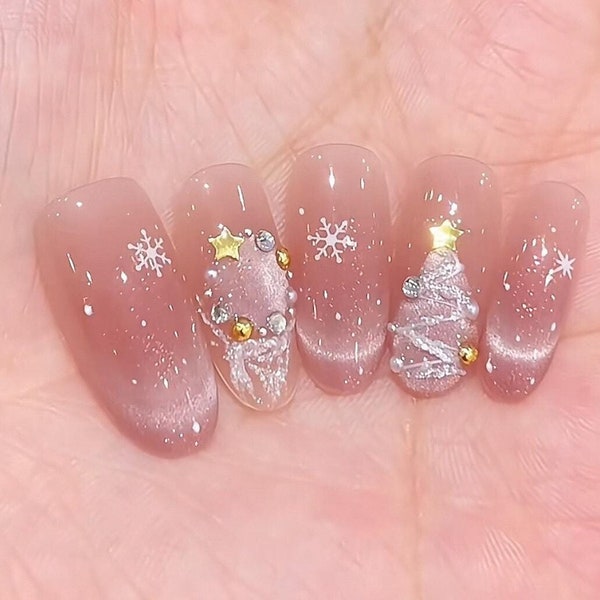 Glittery Pink Blush French Tips Cat Eye Christmas Tree White Snow Golden Star Press on Nails |Christmas Essential Nails, Xmas Gifts for her