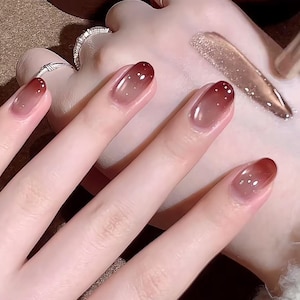 Jelly Reddish Brown Gradient Glass Bead Cat Eye Press on Nails | Cateye Nails |Cute Short Nails