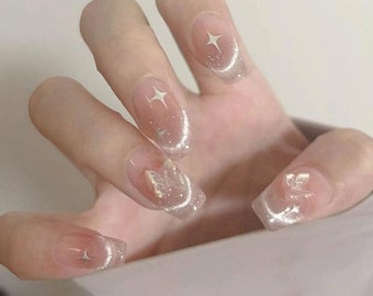 Fairy Jelly Rose Blush French Style Star White Cat eye 3d Butterfly Nails | Reusable Custom Handmade Press on Nails | Twinkle Cute nails