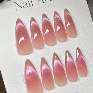 Handmade Jelly Galaxy Pink Cat Eye Aurora Blush Press On Nails Ombre Stiletto Long Nails,