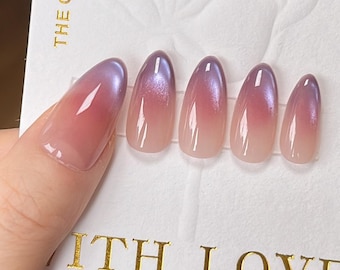 Shiny Fairy Red Blush Purple Cat Eye French Tips Press On Nails |Almond Nails Minimalist Style Nails