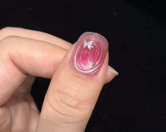 Uñas de mariposa con diseño de ojo de gato en 3D, brillantes y con efecto rubor rojo de hadas, reutilizables, con lindas uñas cortas y brillantes.