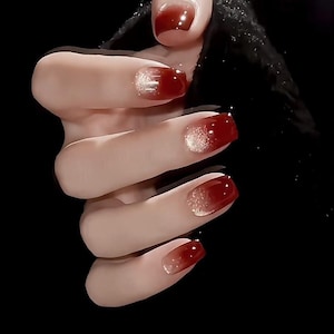 Dark Cherry Red Gradient Glittery White Cat Eye Press on Nails |New Year nails |Valentine&#39;s Nails, Red Nail, Short Nails