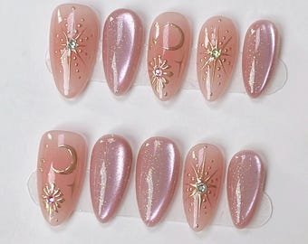 Uñas postizas personalizadas reutilizables hechas a mano con diseño de rosa brillante y ojos de gato / Uñas almendradas con brillo