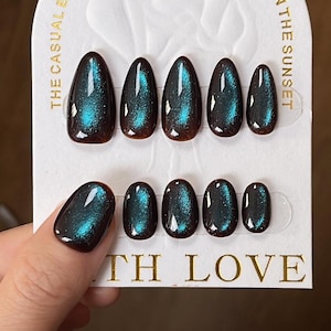 Aurora Dark Brown Blue Green Cat Eye Press On Nails |Press on Nails |Short nails, y2k Nail