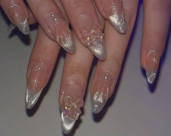Fairy Jelly Rose Blush French Style Star White Cat eye 3d Butterfly Nails | Återanvändbara specialanpassade handgjorda press-on naglar | Twinkle Cute nails