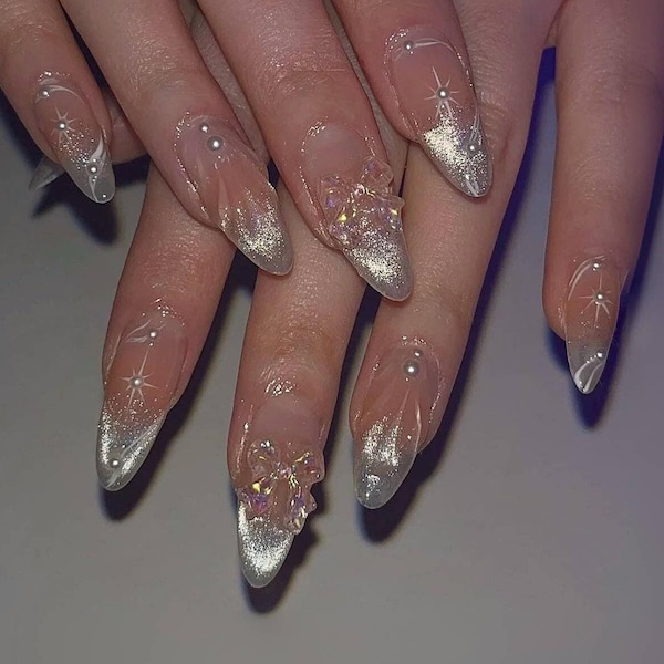 Fairy Jelly Rose Blush French Style Star White Cat eye 3d Butterfly Nails | Reusable Custom Handmade Press on Nails | Twinkle Cute nails