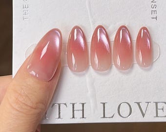 Red Blush Shiny Glittery French Pink Cat eye Nails | Reusable Press on Nails | Fairy Almond nails |Minimalist Style Nails