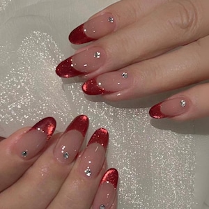 Red Cat Eye French Tips Rhinestone Press on Nails |Red Almond False Nails |New Year nails |Christmas nails, Valentine&#39;s Nails