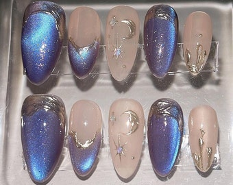 Fairy Galaxy Moon Stars Blue Purple Aurora Cat Eye 3D Golden Lines Press on Nails | Shiny Handmade Custom Nails | Long nails