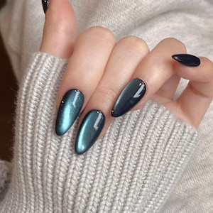 Aurora Black Blush Green Blue Cat Eye Press On Nails |Press on Nails |Short nails, y2k Nail