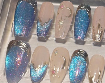 Galaxy Moon Stars Mint Green Blue Aurora Cat Eye 3D Golden Lines Press on Nails | Shiny Handmade Custom Nails | Long nails