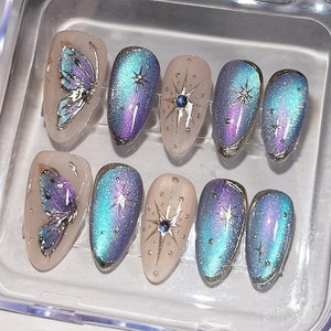 Galaxie bleu violet Aurora Cat Eye 3D papillon doré lune étoiles Appuyez sur les ongles | Ongles personnalisés faits main brillants | Ongles de mariage longs cadeau