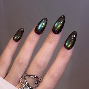 Türkisgrün glitzernde Galaxie Aurora Cateye Press on Nails | Solid Color lange Nägel | Jelly Obrem Nägel | Katzenauge Nägel