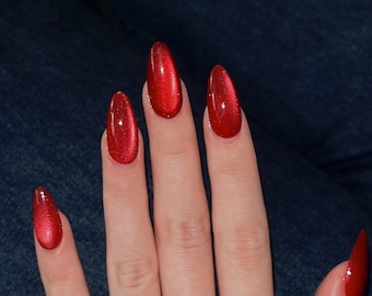Handmade Red Cat Eye Glitter Nails | Shiny Cherry Red press on nails | Glue on cat eye nails | New Year nails | Valentine's Nails
