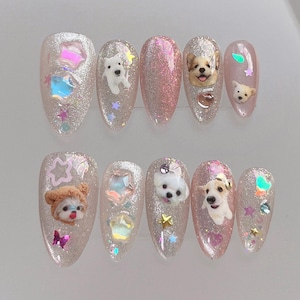 Kawaii Cute Dogs Puppy Glittery Pinky White Cat Eye Press on Nails | Custom Hand-painted Nails |Fake Nails, Stick on Nails, Japanese Nails