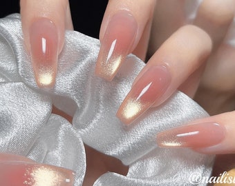 Romantic Shiny Sunset Galaxy Pinky Orange Blush Ombre Aurora Cat Eye Press on Nails | Gel nails | Beautiful Nails | Long nails