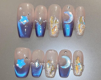 Jelly Fairy Dreamy Moon Stars Blue Purple Aurora Cat Eye Press on Nails | Shiny Nails | Long nails
