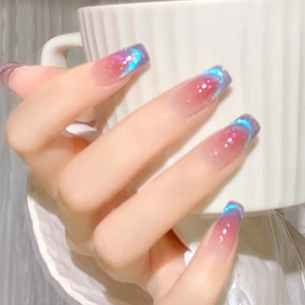 Glittery Pinky Red Blush Blue Cat Eye French Style Reusable Nails| Press on Nails | Beautiful Nails | Short nails