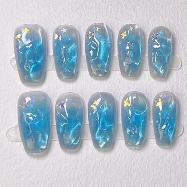 Glitzer 3D Ozeanblau Meereswellen Katzenaugennagel Chrom Aurora Press on Nail | Schöne, lustige Ozean inspirierte Nägel | Sommerferien Nagel
