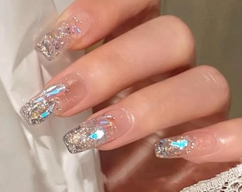 Twinkle Glittering Aurora Rhinestones Press On Nails | Shiny Long Nails