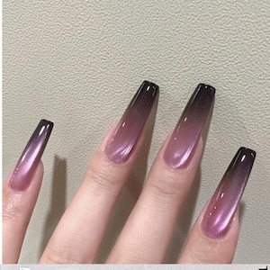 Glänzende Aurora Schwarz Farbverlauf Blush Rosa Katzenauge Presse auf den Nägeln |Drücken Sie auf die Nägel |Lange Nägel, Ballerina-Nägel, y2k Nägel
