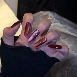 Dark Red Claret Dried Rose  Glass Bead Cat Eye Press on Nails | Red Cateye Long Nails | Glue on nails | New Year nails | Valentine&#39;s Nails