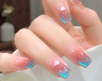 Cute Kawaii Cloud Galaxy Blue Blush Cat Eye Press on Nails | Gel nails | Beautiful Nails | Short nails Japanese nails
