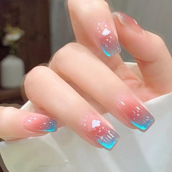 Cute Kawaii Cloud Galaxy Blue Blush Cat Eye Press on Nails | Gel nails | Beautiful Nails | Short nails Japanese nails