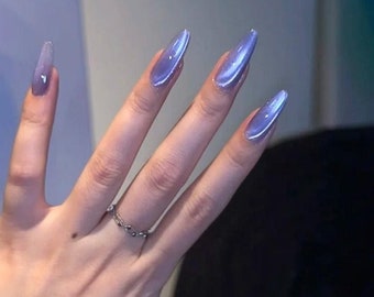 Pretty Galaxy Purple Cat Eye Press on Nails | Long nails | Cateye Nails