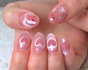Uñas Kawaii con forma de corazón y ojo de gato rosa con diseño de conejito / Uñas postizas brillantes con diseño de ojo de gato hechas a mano / Uñas almendradas adorables / Uñas de regalo para San Valentín