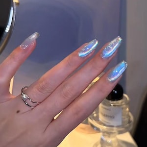 Aurora Galaxy Glacier Blue Rainbow Cat Eye Press on Nails | Long nails | Colorful Rainbow Cateye Nails