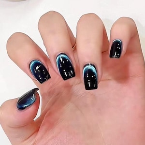 Black Blush Blue Cat Eye French Style Press On Nails | Unique Acrylic Press on Nails | Stylish Short nails, Japanese Nail Designs,