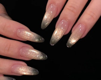 Sparkling Glittery Champagne Galaxy Aurora Glass Bead Cat Eye Press on Nails | Beautiful Pretty Nails | Almond nails, Clean Girl Nails