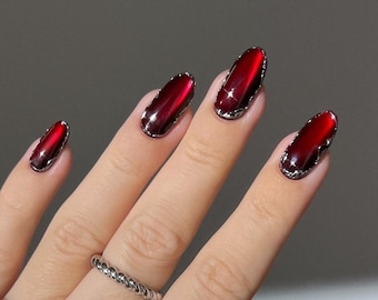 Metallic Silver 3d Chrome Red Cat Eye Y2k Nails | Reusable 3d Punk Style Gothic Red Nails