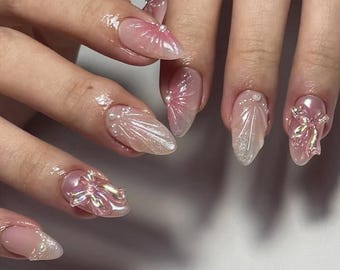 Niedliche Twinkle Pink Blush weiße Perlen & Schleife Cateye Chromnägel | Wiederverwendbare kundenspezifische handgemachte Presse auf den Nägeln
