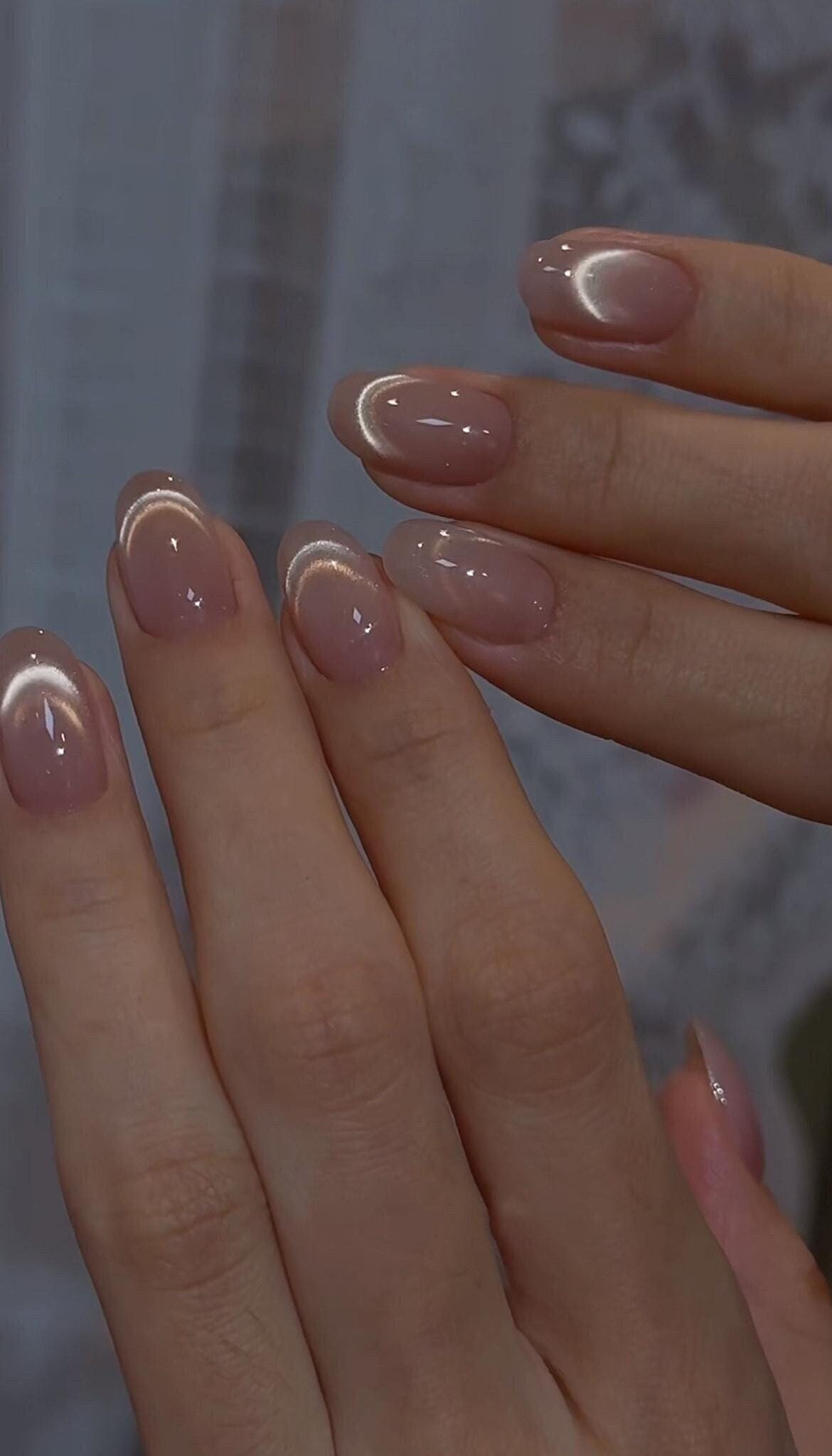 Shiny French Tips Clear Nude Cateye Glass Bead Press on Nails | Reusable Short Oval False nails |Minimalist Style Nails, Cat Eye Nail