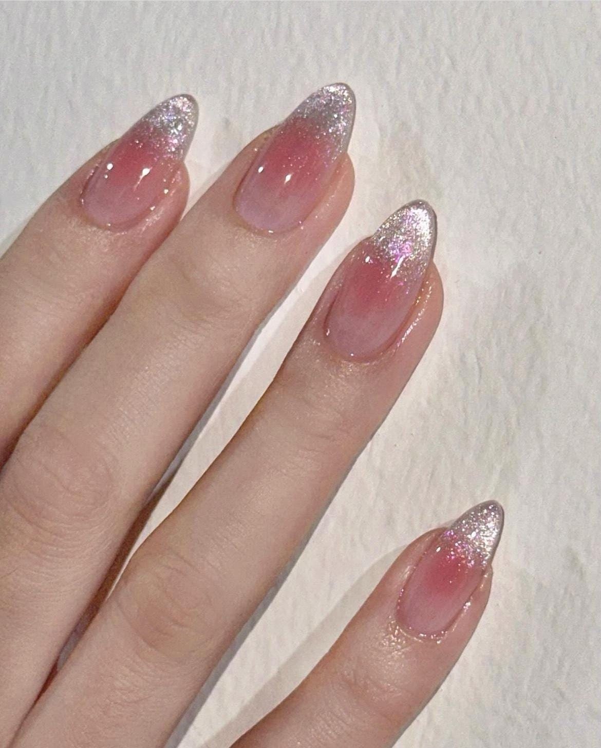 Galaxy Pink Blush Glittery French Cat eye Nails | Reusable Press on Nails | Fairy Almond nails |Minimalist Style Nails