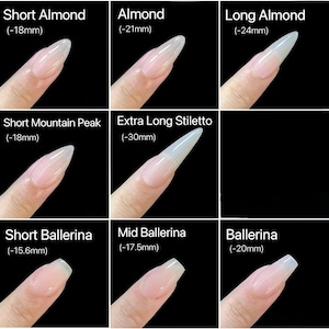 May include: A chart showing different nail shapes and lengths, including short squoval, short round, mid round, short almond, almond, long almond, short mountain peak, extra long stiletto, short ballerina, mid ballerina, ballerina, long ballerina, and extra long ballerina. Each shape is labeled with its name and approximate length in millimeters.