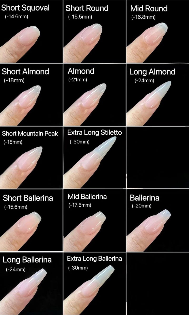 May include: A chart showing different nail shapes and lengths, including short squoval, short round, mid round, short almond, almond, long almond, short mountain peak, extra long stiletto, short ballerina, mid ballerina, ballerina, long ballerina, and extra long ballerina. Each shape is labeled with its name and approximate length in millimeters.